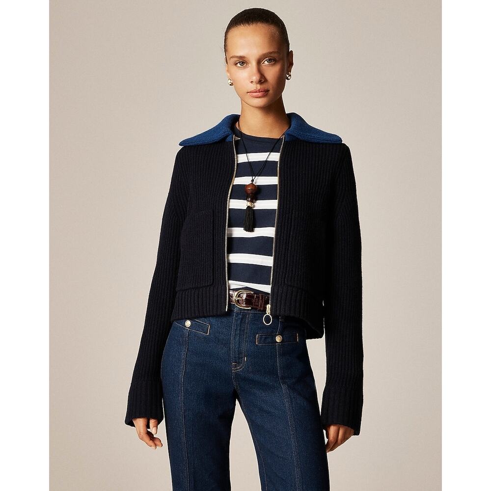 J.Crew Colorblock Collared Full-Zip Sweater Lady Jacket Merino Wool Size M NWT